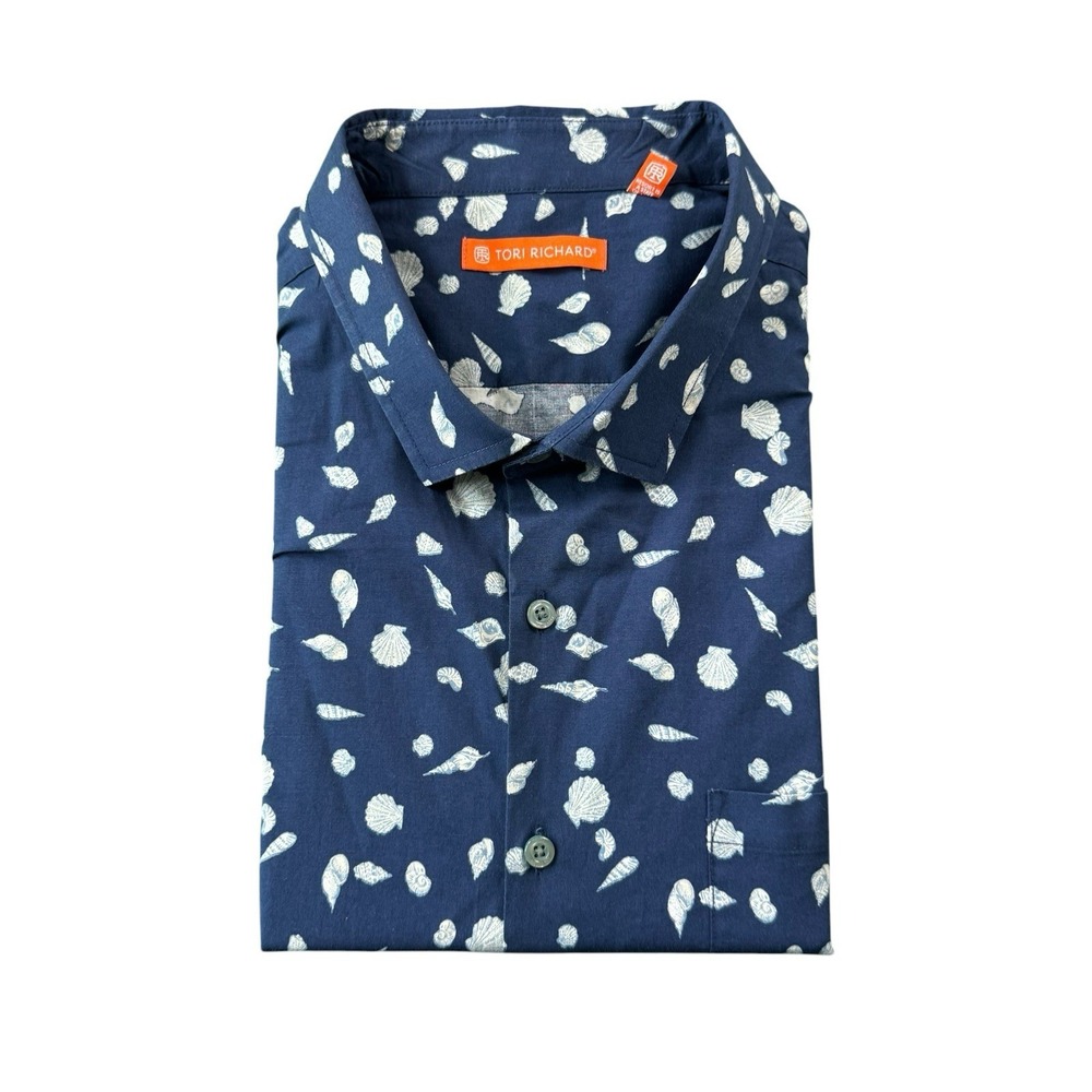 Tori Richard Blue Seashell Cotton AOP Men's Button Front Size 2XL